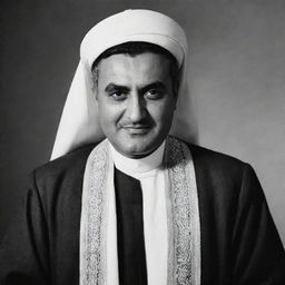 A high-quality, black and white image of Gamal Abdel Nasser depicted as a Mullah, dressed in traditional Islamic clerical attire.