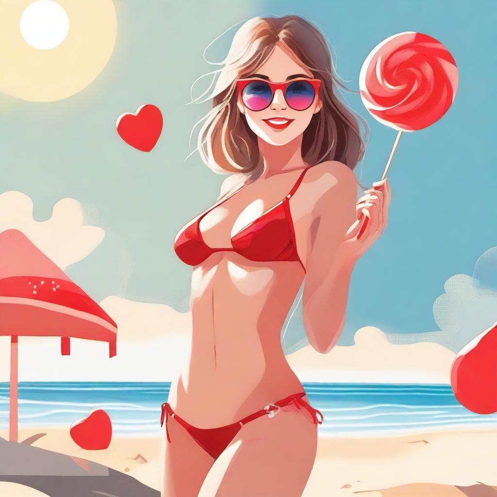 A high-quality digital art image depicts a girl on a sandy beach