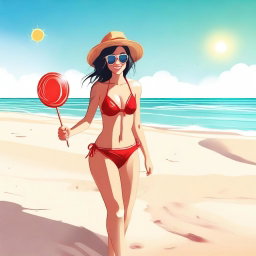 A high-quality digital art image depicts a girl on a sandy beach