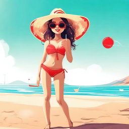 A high-quality digital art image depicts a girl on a sandy beach