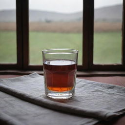 A vintage-style photograph of a clear glass filled with black tea, positioned on a traditional Kurdish tablecloth with a gloomy, rainy day seen through an old window in the backdrop