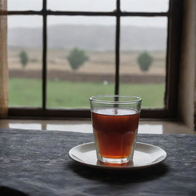 A vintage-style photograph of a clear glass filled with black tea, positioned on a traditional Kurdish tablecloth with a gloomy, rainy day seen through an old window in the backdrop