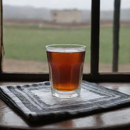 A vintage-style photograph of a clear glass filled with black tea, positioned on a traditional Kurdish tablecloth with a gloomy, rainy day seen through an old window in the backdrop