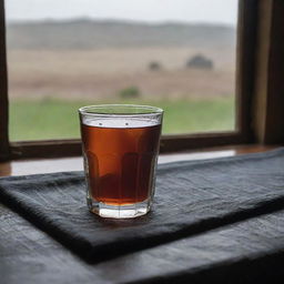 A vintage-style photograph of a clear glass filled with black tea, positioned on a traditional Kurdish tablecloth with a gloomy, rainy day seen through an old window in the backdrop