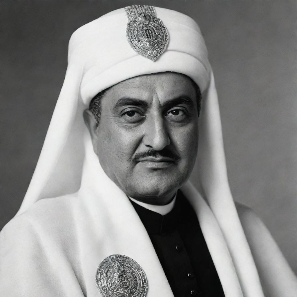 High-quality, black and white portrayal of Gamal Abdel Nasser as an Arabian Sheikh, donned in traditional attire.