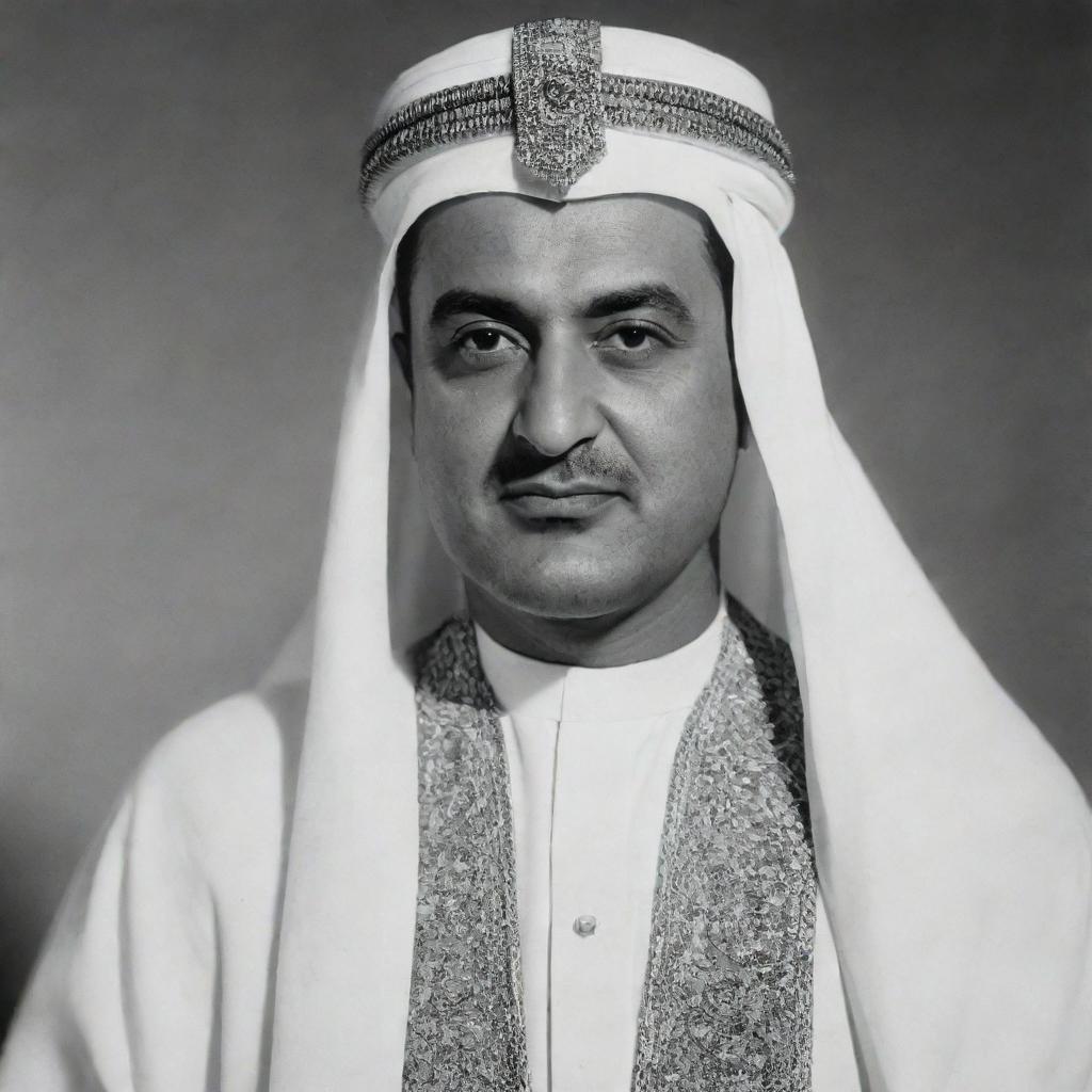 High-quality, black and white portrayal of Gamal Abdel Nasser as an Arabian Sheikh, donned in traditional attire.