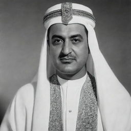 High-quality, black and white portrayal of Gamal Abdel Nasser as an Arabian Sheikh, donned in traditional attire.