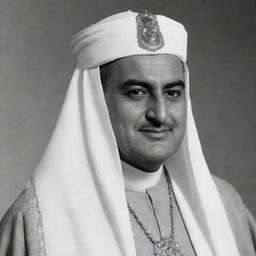 High-quality, black and white portrayal of Gamal Abdel Nasser as an Arabian Sheikh, donned in traditional attire.