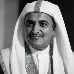 High-quality, black and white portrayal of Gamal Abdel Nasser as an Arabian Sheikh, donned in traditional attire.