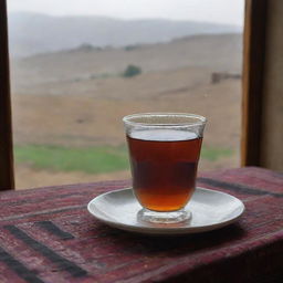 A classic photograph depicting a clear glass filled with hot black tea, nestled on a traditional Kurdish tablecloth, with a backdrop of a cold, rainy day seen through a weathered window in Kurdistan