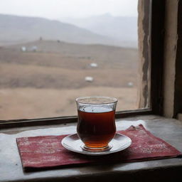 A classic photograph depicting a clear glass filled with hot black tea, nestled on a traditional Kurdish tablecloth, with a backdrop of a cold, rainy day seen through a weathered window in Kurdistan