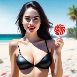 A hyper-realistic digital art piece portrays a well-endowed girl on a beach