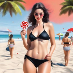 A hyper-realistic digital art piece portrays a well-endowed girl on a beach