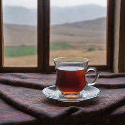 A classic photograph depicting a clear glass filled with hot black tea, nestled on a traditional Kurdish tablecloth, with a backdrop of a cold, rainy day seen through a weathered window in Kurdistan