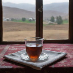 A classic photograph depicting a clear glass filled with hot black tea, nestled on a traditional Kurdish tablecloth, with a backdrop of a cold, rainy day seen through a weathered window in Kurdistan