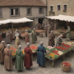 Lively early medieval market with animated people bargaining for a bounty of radiant tulips