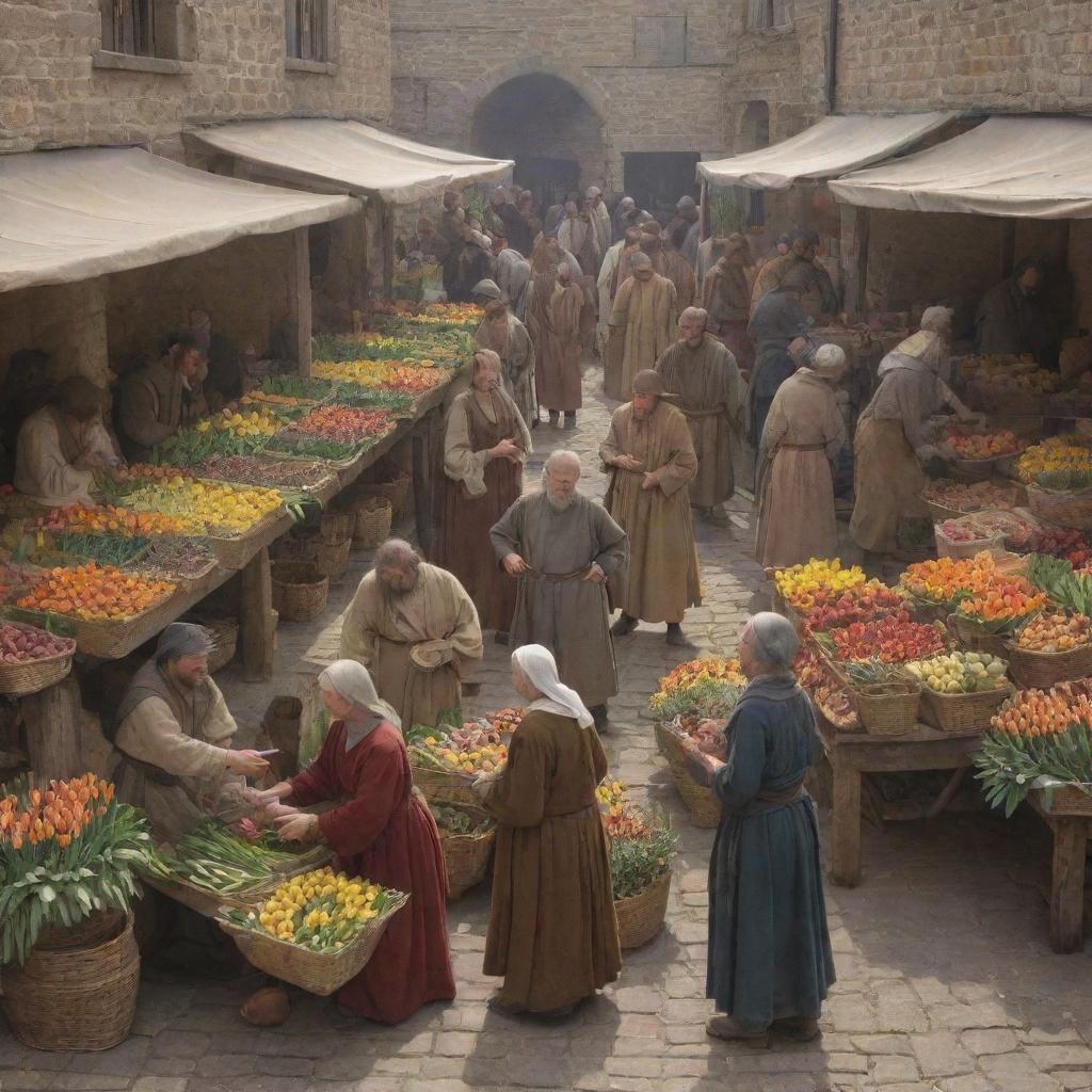 Lively early medieval market with animated people bargaining for a bounty of radiant tulips