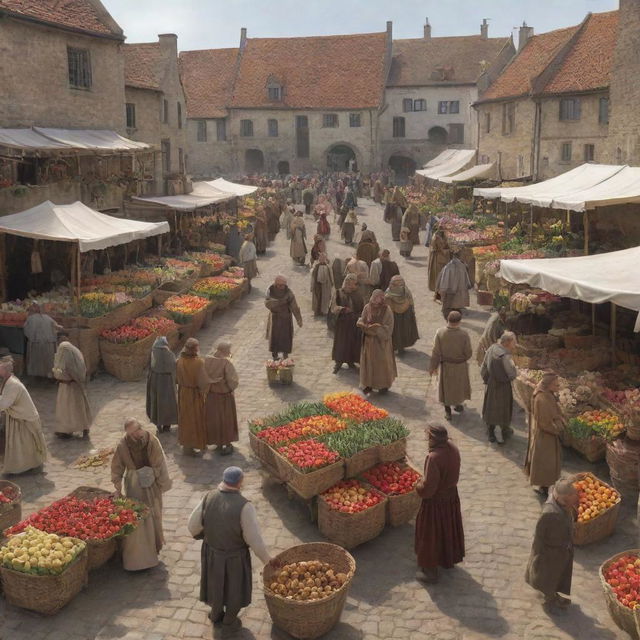 Lively early medieval market with animated people bargaining for a bounty of radiant tulips