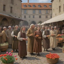 Lively early medieval market with animated people bargaining for a bounty of radiant tulips