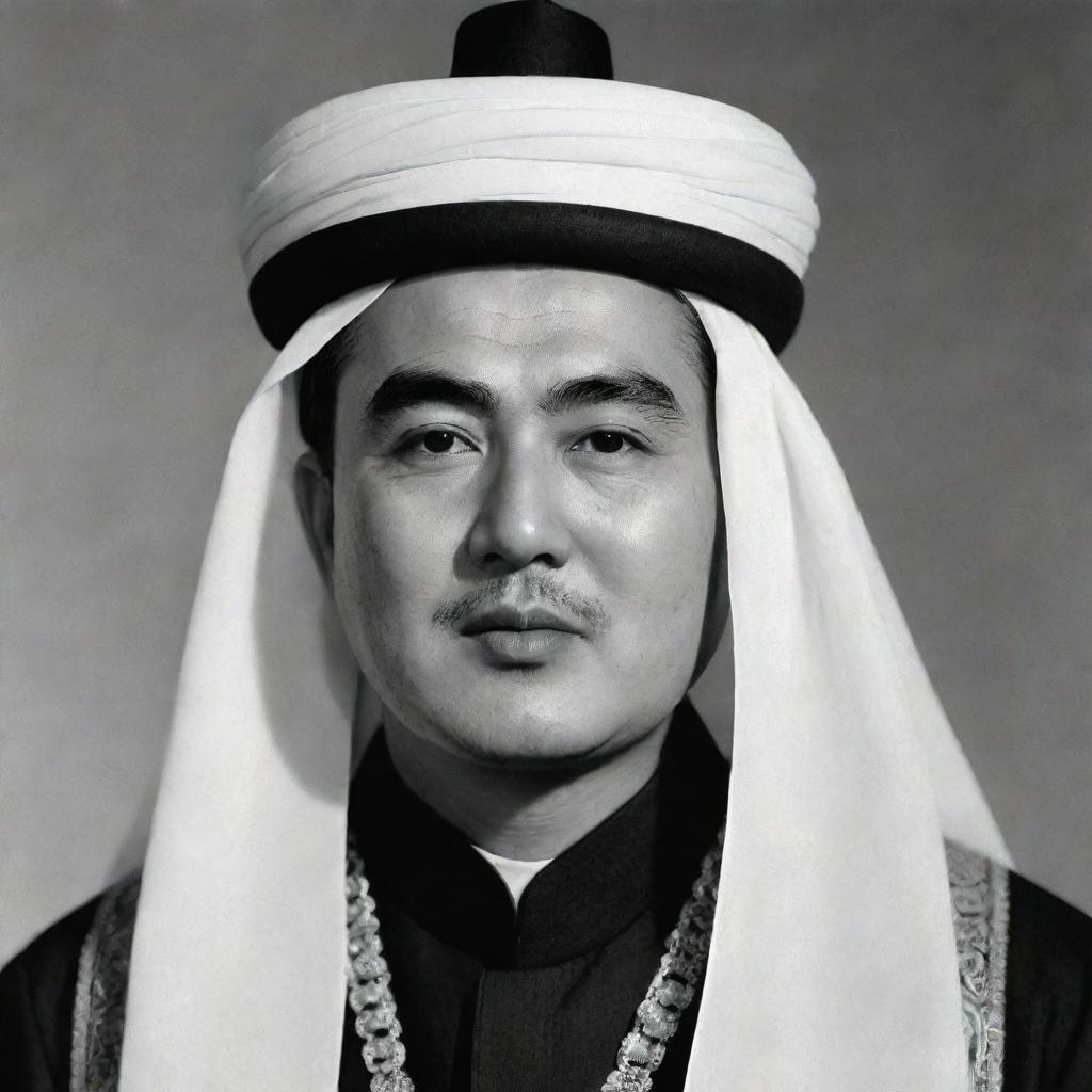 A high-quality, black and white image of Kim Il Sung depicted as an Arabian Sheikh, donned in traditional attire.