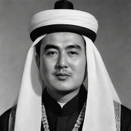 A high-quality, black and white image of Kim Il Sung depicted as an Arabian Sheikh, donned in traditional attire.