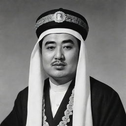 A high-quality, black and white image of Kim Il Sung depicted as an Arabian Sheikh, donned in traditional attire.