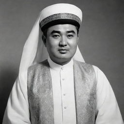 A high-quality, black and white image of Kim Il Sung depicted as an Arabian Sheikh, donned in traditional attire.