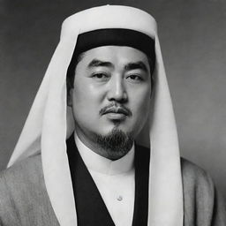 A high-quality, black and white image of Kim Il Sung depicted as an Arabian Sheikh, donned in traditional attire.