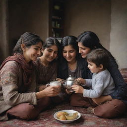 A heartfelt scene of a Kurdish family huddled together, each holding a glass of steaming hot tea, enjoying each other's company on a rainy day