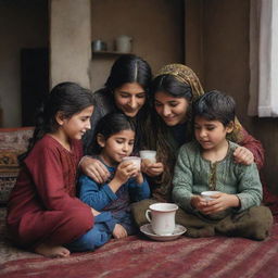 A heartfelt scene of a Kurdish family huddled together, each holding a glass of steaming hot tea, enjoying each other's company on a rainy day