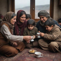 A heartfelt scene of a Kurdish family huddled together, each holding a glass of steaming hot tea, enjoying each other's company on a rainy day