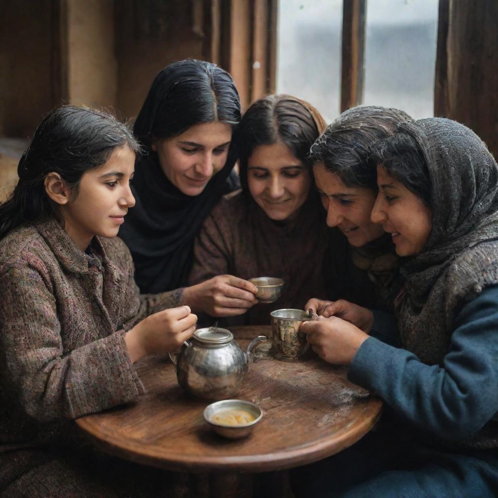 A heartfelt scene of a Kurdish family huddled together, each holding a glass of steaming hot tea, enjoying each other's company on a rainy day