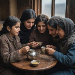 A heartfelt scene of a Kurdish family huddled together, each holding a glass of steaming hot tea, enjoying each other's company on a rainy day