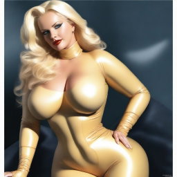 A digital art image intended for mature audiences features a voluptuous blonde girl in a full latex suit