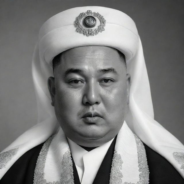 A black and white, high-quality image of Kim Jong Un portrait as an Arabian Sheikh adorned in traditional attire.