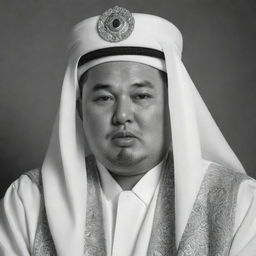 A black and white, high-quality image of Kim Jong Un portrait as an Arabian Sheikh adorned in traditional attire.