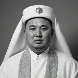 A black and white, high-quality image of Kim Jong Un portrait as an Arabian Sheikh adorned in traditional attire.