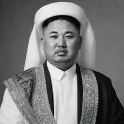 A black and white, high-quality image of Kim Jong Un portrait as an Arabian Sheikh adorned in traditional attire.