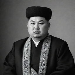 High-quality, black and white image of Kim Jong Un depicted as a Mullah, dressed in traditional Islamic clerical attire.