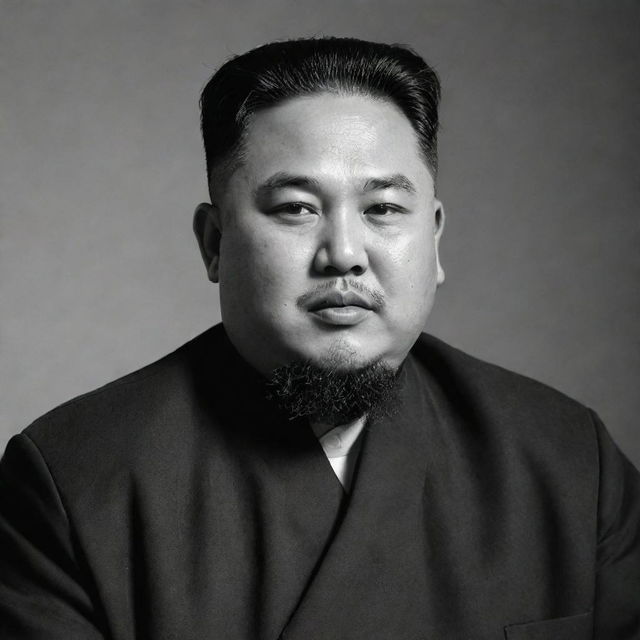 High-quality, black and white image of Kim Jong Un depicted as a Mullah, dressed in traditional Islamic clerical attire.