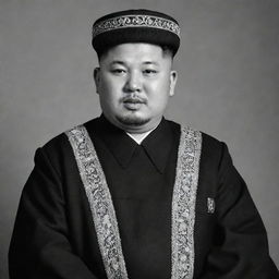 High-quality, black and white image of Kim Jong Un depicted as a Mullah, dressed in traditional Islamic clerical attire.