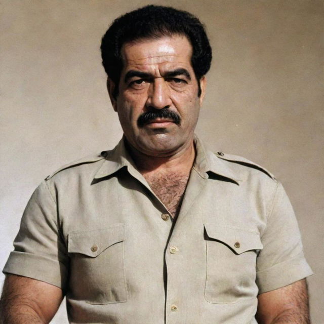 A depiction of Saddam Hussein with a muscular build, dressed in a casual attire.