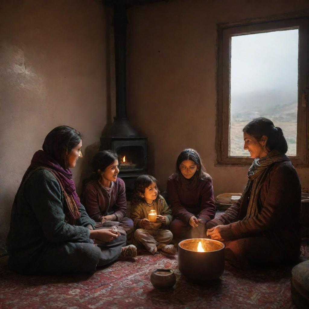 A warm scene of a Kurdish family sitting together, savoring hot tea in a cozy room, a glowing stove nearby radiating warmth, whilst a rainy day unfolds outside