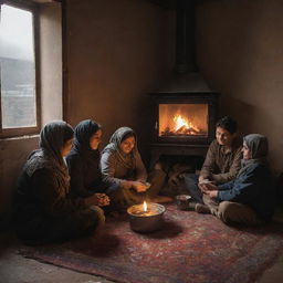 A warm scene of a Kurdish family sitting together, savoring hot tea in a cozy room, a glowing stove nearby radiating warmth, whilst a rainy day unfolds outside