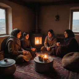 A warm scene of a Kurdish family sitting together, savoring hot tea in a cozy room, a glowing stove nearby radiating warmth, whilst a rainy day unfolds outside