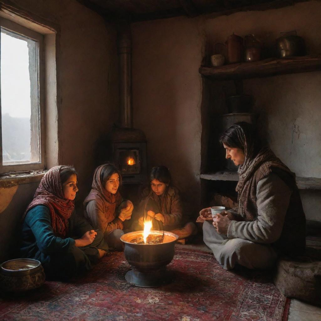 A warm scene of a Kurdish family sitting together, savoring hot tea in a cozy room, a glowing stove nearby radiating warmth, whilst a rainy day unfolds outside