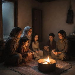 A heartwarming depiction of a Kurdish family seated together in front of a glowing stove, each family member with a cup of hot tea in hand, while rain drizzles outside