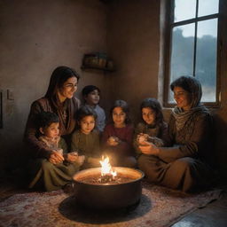 A heartwarming depiction of a Kurdish family seated together in front of a glowing stove, each family member with a cup of hot tea in hand, while rain drizzles outside