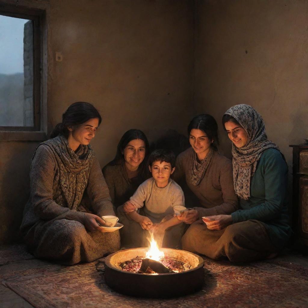 A heartwarming depiction of a Kurdish family seated together in front of a glowing stove, each family member with a cup of hot tea in hand, while rain drizzles outside