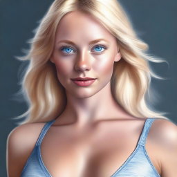A digital art piece appropriate for a mature audience, featuring a beautiful blonde girl with blue eyes